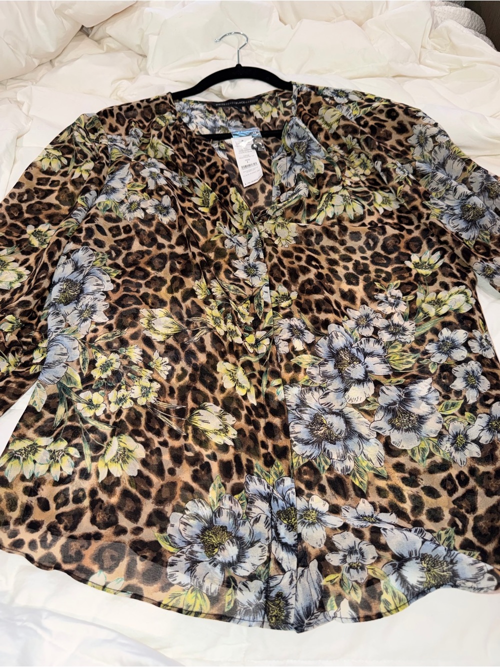 White House Black Market Floral Leopard Print V-Neck Blouse - Picture 2 of 4